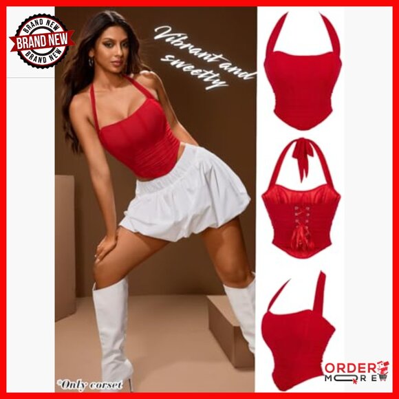 Mesh Corset Crop Top, Halter Bustier with Boning, Ruched Asymmetrical Hem - Picture 7 of 7